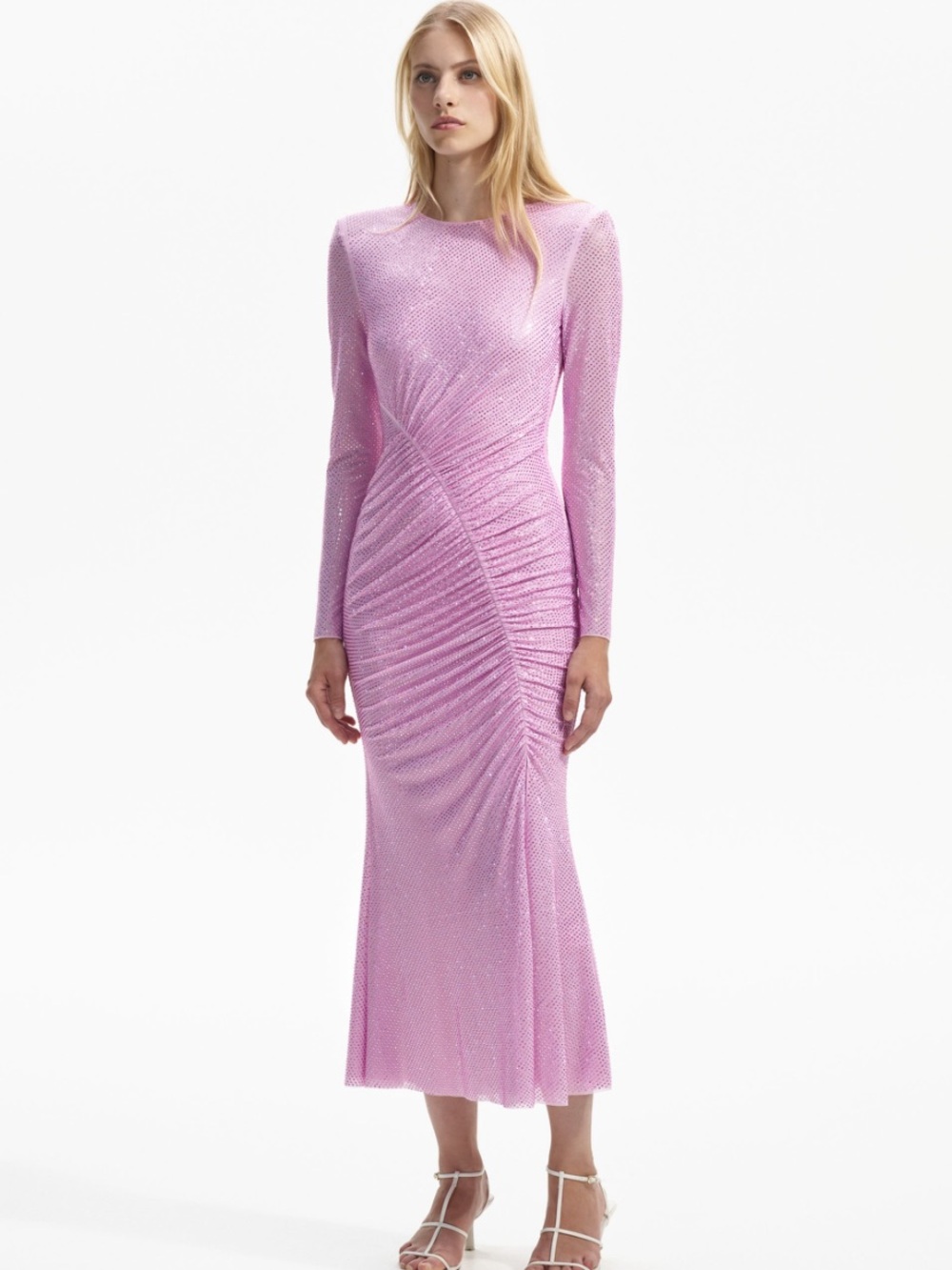 Self Portrait Pink Rhinestone Mesh Maxi Dress-Worn Once